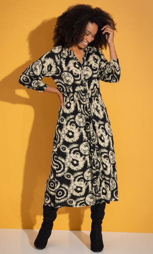 Abstract Print Shirt Midaxi Dress - Black/Beige