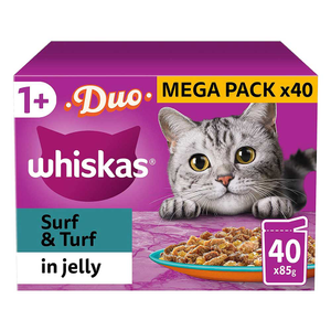WHISKAS Duo Surf &amp; Turf in Jelly 1+ Adult Wet Cat Food Pouches, 40x85g