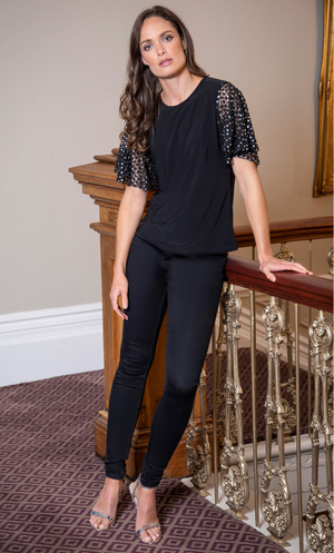 Foil Spot Mesh Sleeve Top - Black/Silver