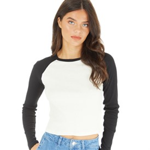 Brave Soul Womens Suzie Long Sleeve T-Shirt Cream/Black