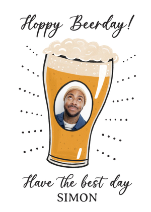 Hoppy Beerday Illustrated Pint Glass Photo Upload Birthday Card