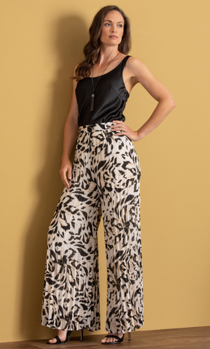 Pleated Animal Print Wide Leg Chiffon Trousers - Black/Sand