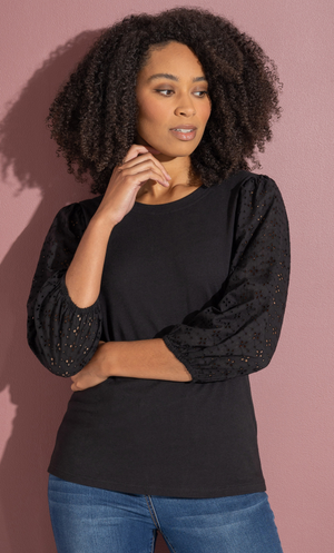 Broderie Anglaise Blouson Sleeve Top - Black