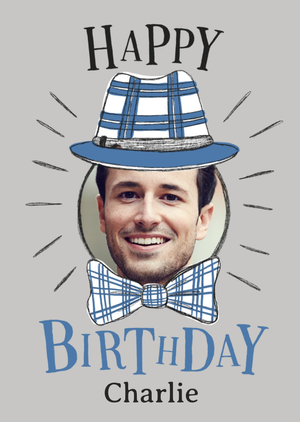 Whimsical Illustrated Patterned Trilby Fedora Hat And Bow Tie Photo Upload Birthday Card