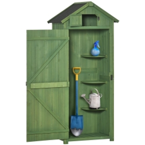 Outsunny Small Shed, Tall Slim Wooden Garden Shed with 3 Removable Shelves and Roof Hatch, Compact Outdoor Tool Storage Cabinet with Asphalt Roof and Door Latch, 77 x 54.2 x 179 cm, Green