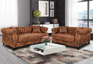 Faux Leather Suede Brown 3 + 2 Seater Chesterfield Sofa Set RICHMOND