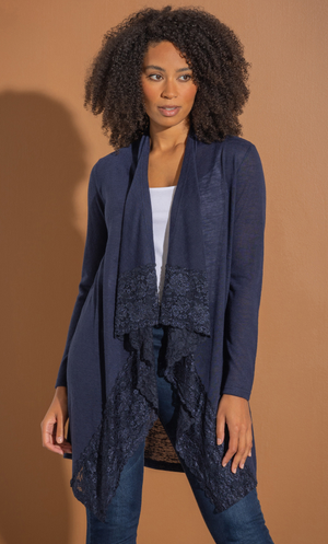 Lace Trim Knitted Cardigan - Midnight