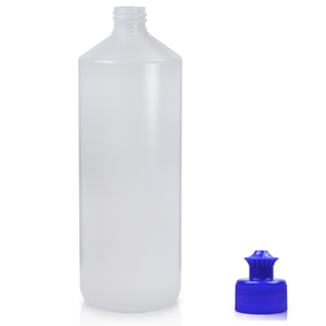 1 Litre Natural HDPE Plastic Round Bottle With Free Pull Top Cap - Blue