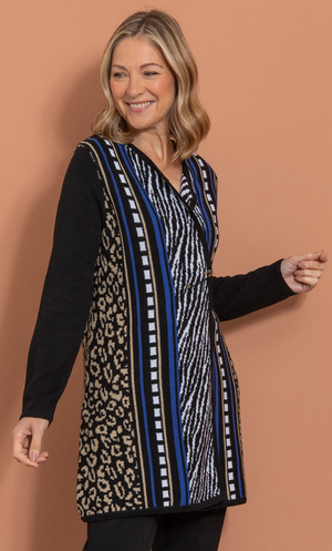 Anna Rose Printed Pin Fastening Cardigan - Black/Tan/Blue