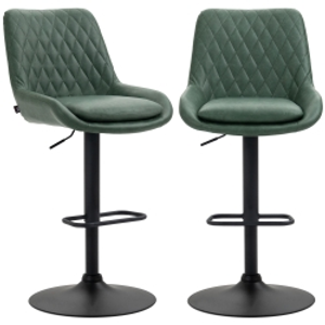 HOMCOM Retro Bar Stools Set of 2, Adjustable Kitchen Stool, Upholstered Bar Chairs with Back, Swivel Seat, Green