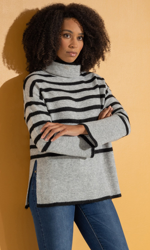 Oversized Striped Knit Top - Black/Lt Grey