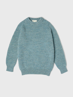 Blue Pure Wool Ribbed Fisherman Jumper