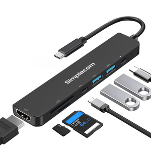 7-in-1 USB-C Adapter Hub Multiport USB-A x2 + USB-C Data + HDMI 4K + Card Readers + 100W PD Charging Simplecom CH547