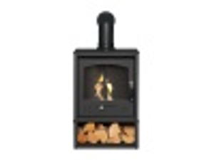 OKO S2 Bio Ethanol Stove with Log Storage in Charcoal Grey with Angled Stove Pipe