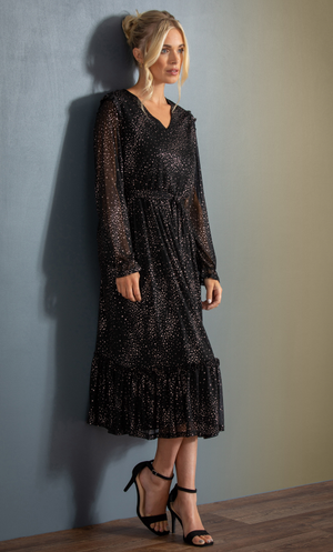 Long Sleeve Glitter Star Midi Dress - Black/Rose/Gold