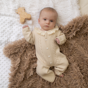 Millie & Ralph Taupe Frill Collar Cable Knit Onesie