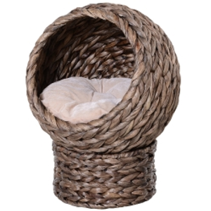 PawHut Wicker Cat Bed, Raised Rattan Cat Basket with Cylindrical Base, Soft Washable Cushion, 42 x 33 x 52cm - Brown