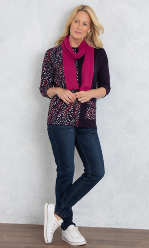 Anna Rose Pocket Front Knit Top With Scarf - Navy/Pink Multi