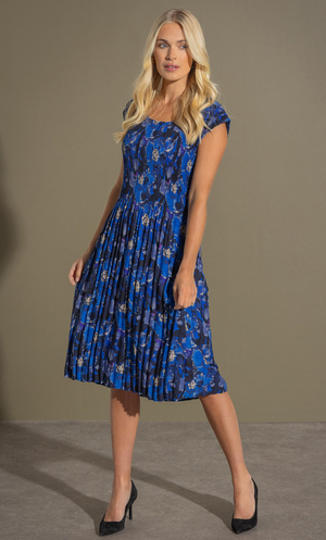 Pleated Floral Print Dress - Multi Blue