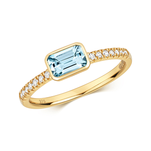 Rosa Mer Collection 0.55ct Emerald Cut Aquamarine & Diamond Bezel Set Ring | 9K Yellow Gold