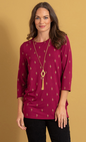 Diamond Shimmer Print Jersey Top With Necklace - Merlot/Red