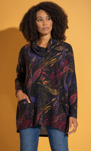 Oversized Floral Print Brushed Knitted Tunic Top - Black/Purple