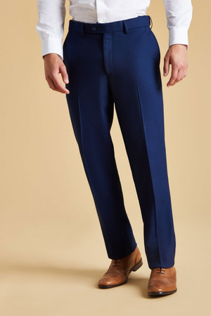 Contemporary Men's Flat Front Modern Fit Trousers, Unhemmed Length, Blue