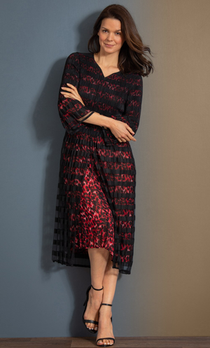 Mesh Layer Pleated Animal Print Midi Dress - Red/Black