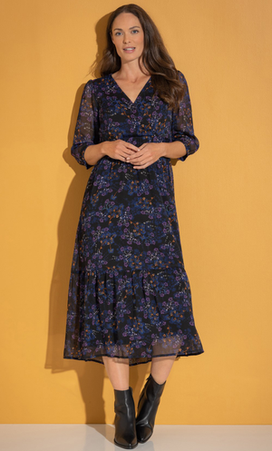 Floral Print Chiffon Midi Dress - Black/Purple