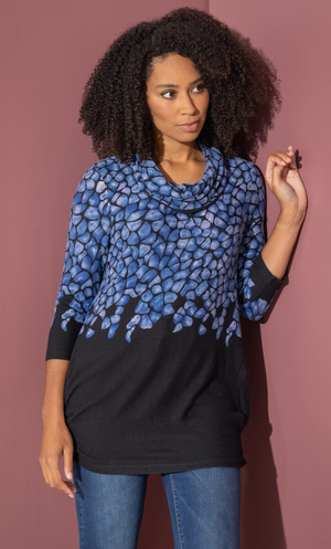 Cowl Neck Printed Brushed Knitted Top - Black/Cobalt