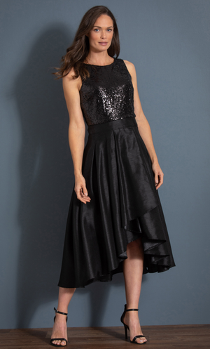 Sequin Bodice Dip Hem Midi Dress - Black