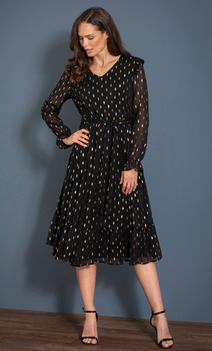 Foil Leaf Print Chiffon Midi Dress - Black/Gold