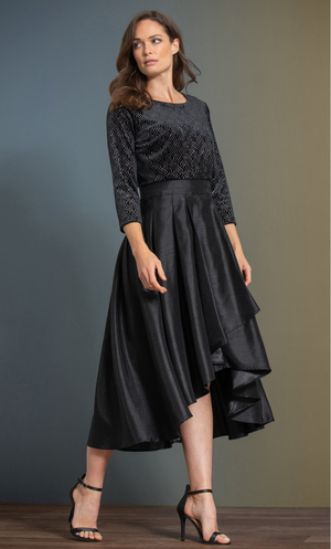 Shimmer Velour Bodice Dip Hem Midi Dress - Black
