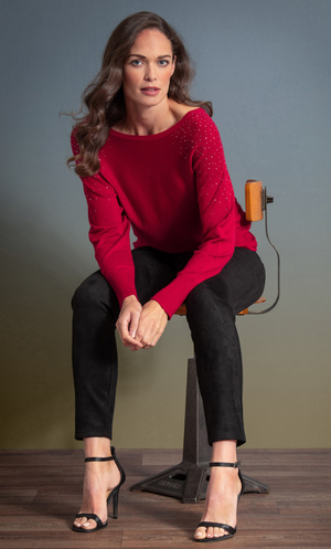 Embellished Batwing Knitted Top - Red