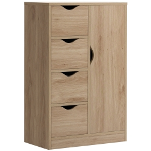HOMCOM Bathroom Cabinet, Freestanding Storage Cabinet with 4 Drawers, Door Cupboard for Living Room, Kitchen, Bedroom, Natural
