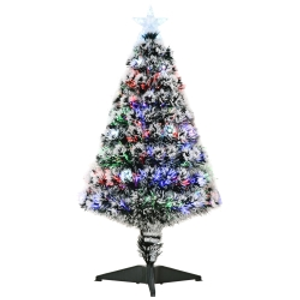 HOMCOM 3ft Artificial Prelit Christmas Tree, Snow Xmas Tree with Colourful LED Lighting Fiber Optics, Green White