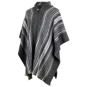 Yasapa - Llama Wool Unisex South American Handwoven Hooded Poncho - gray striped pattern