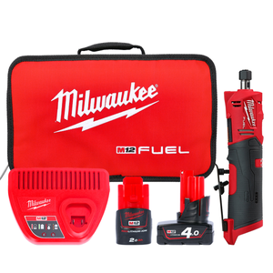 Milwaukee M12FDGS-422B 12V M12 Cordless Brushless FUEL Straight Die Grinder With 2 x Batteries, Charger & Tool Bag