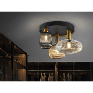 225342 Norma Ceiling 3 Light Black/Brass Mixed Glass Shades