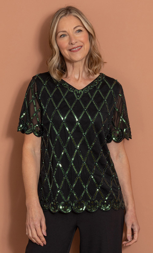 Anna Rose Embellished Short Sleeve Mesh Top - Black/Emerald