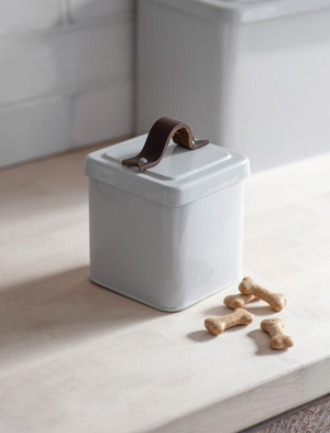 Stowell Pet Treat Tin With Leather Handle - Steel, Chalk