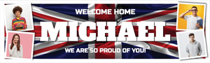 Personalised Welcome Home Banner - British Flag - Custom Name &amp; 4 Photo Upload