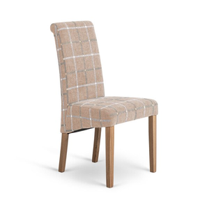 Scroll Back Chair in Checked Beige Fabric with Oak Legs
