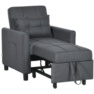 HOMCOM 3-In-1 Linen-Look Single Chair Bed with Adjustable Back & Eucalyptus Wood Sofa Frame - Grey