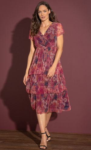 Tiered Shimmer Midi Dress - Red Multi