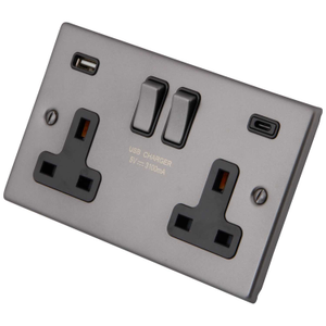 13A 2 Gang Socket with 1 x Type A and 1 x Type C USB Black Insert Gunmetal