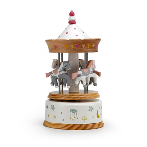 Musical Natural Wood with Pink Polka Dots Animated Carousel with Childhood Themed Accents