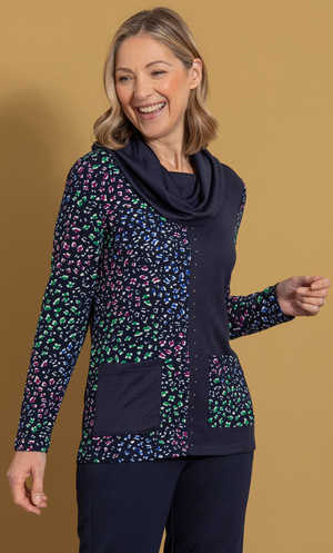 Anna Rose Embellished Patchwork Knit Top - Navy/Multi