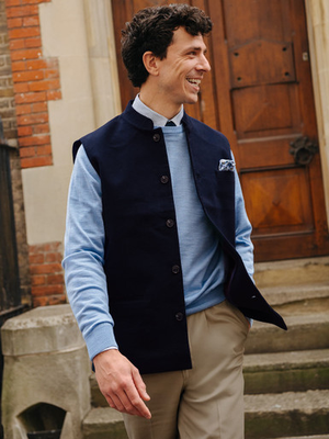Navy Nehru Collar Moleskin Gilet