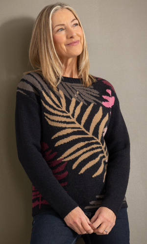 Anna Rose Leaf Design Jumper - Black/Pink Multi